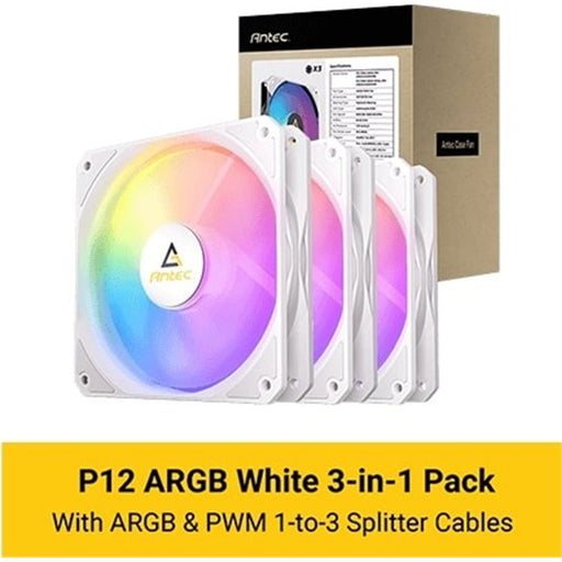 Antec P12R ARGB PWM 120mm Fan 3 Pack - 4-Pin, White, High-Airflow Cooling, 9-Blade Design with Anti-Vibration Pads-Fans-Gigante Computers