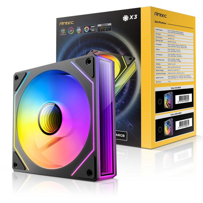 Antec Vision 120mm ARGB - 3 PK, Black, Up to 1800RPM, 44.5CFM Airflow, 29dB Max, 4-pin ARGB 3-pin-Fans-Gigante Computers