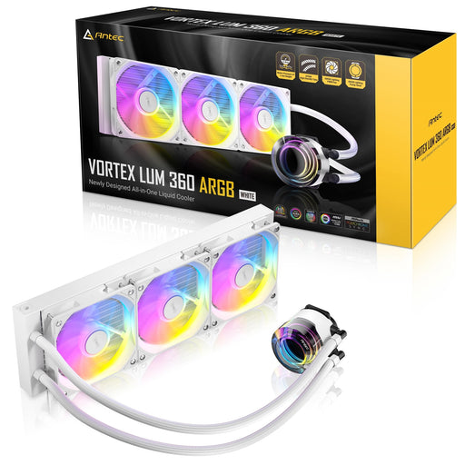 Antec Vortex Lum 360 ARGB White AIO Liquid CPU Cooler – 3 PWM 120mm ARGB Fans, Infinity Mirror Pump Design,AMD/Intel, Ultra-Low Noise, High-Performance Cooling, Sleeved Tubing-Fans-Gigante Computers
