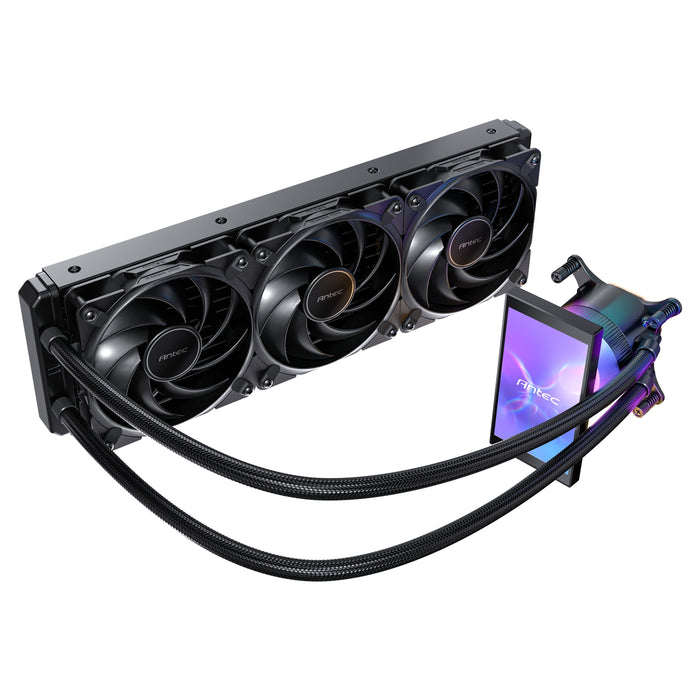 Antec Vortex View 360 Black AIO Liquid CPU Cooler, Massive 5-Inch Rotatable IPS LCD Display, 9th Gen Asetek Pump for 400W TDP, Triple 120mm PWM Fans, ARGB Backglow-Fans-Gigante Computers