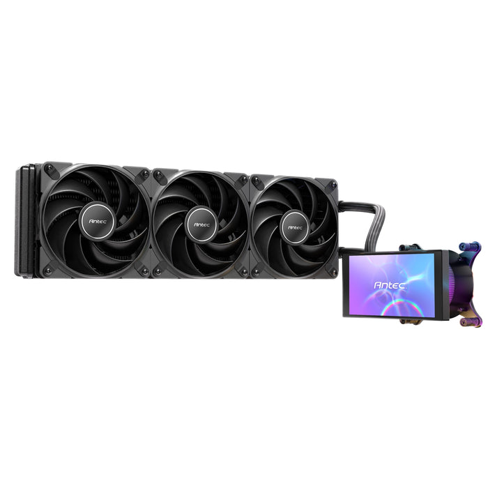 Antec Vortex View 360 Black AIO Liquid CPU Cooler, Massive 5-Inch Rotatable IPS LCD Display, 9th Gen Asetek Pump for 400W TDP, Triple 120mm PWM Fans, ARGB Backglow-Fans-Gigante Computers