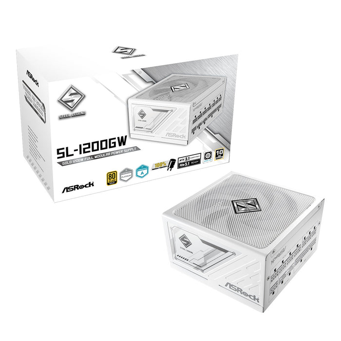 Asrock 1200W Steel Legend SL-1200G PSU, Fully Modular, 80+ Gold, Cybenetics Platinum & Lambda A, ATX 3.1, PCIe 5.1, White-Power Supplies-Gigante Computers