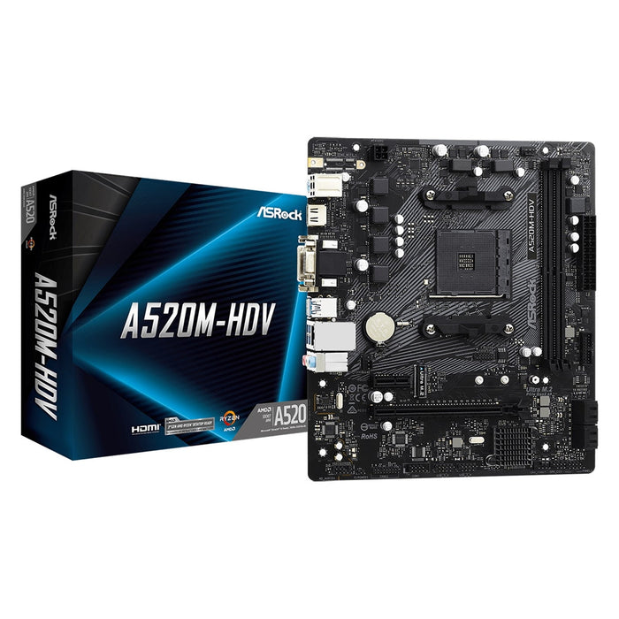 Asrock A520M-HDV, AMD A520, AM4, Micro ATX, 2 DDR4, VGA, DVI, HDMI, M.2-Motherboards-Gigante Computers