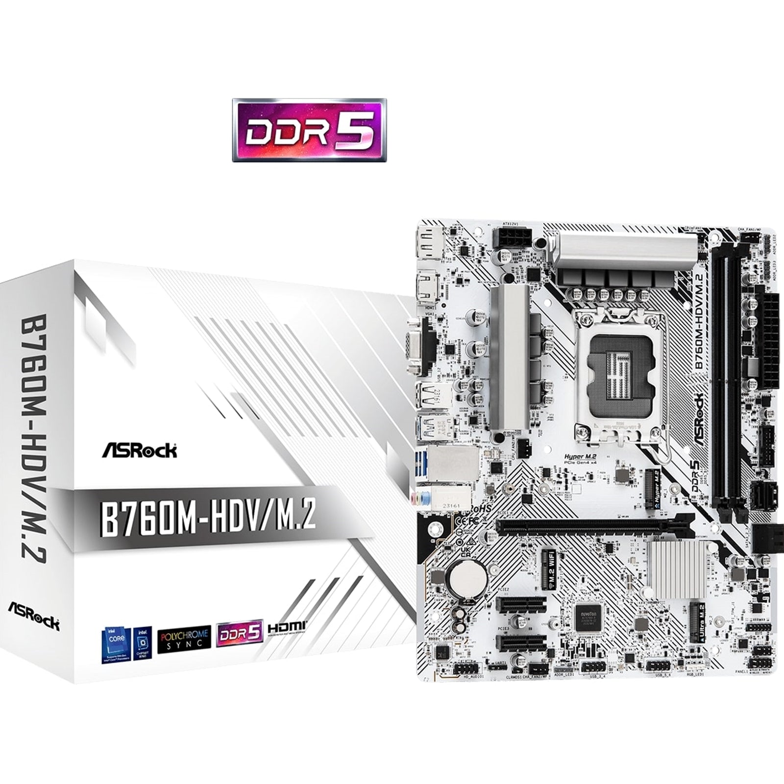 Asrock B760M-HDV/M.2, Intel B760, 1700, Micro ATX, 2 DDR5, VGA, HDMI, DP,  2.5G LAN, PCIe4, 2x M.2