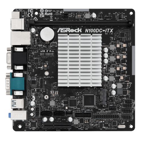 Asrock N100DC-ITX, Integrated Intel Quad-Core N100, Mini ITX, 1 DDR4, VGA, HDMI, DC Jack, Fanless Design, 1x M.2-Motherboards-Gigante Computers