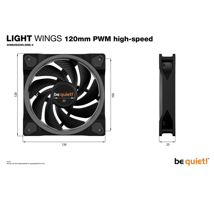 Be Quiet (BL073) Light Wings 12cm PWM ARGB High Speed Case Fan, Rifle Bearing, 18 LEDs, Front & Rear Lighting, Up to 2500 RPM-Cooling-Gigante Computers