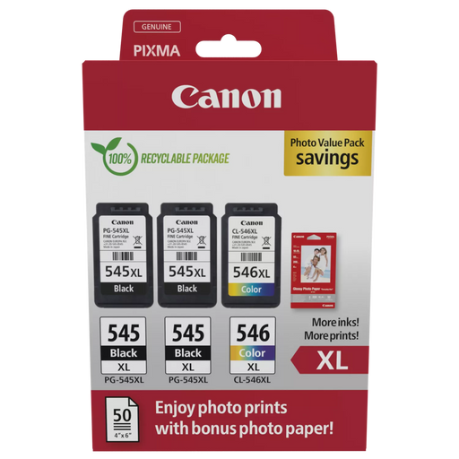 Canon 2 x PG-545XL/CL-546XL Multipack + 50 Sheets of Glossy 10 x 15cm Photo Paper (Pack of 3 Ink Cartridges + Photo Paper)-Replacement Inks-Gigante Computers