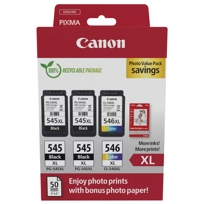 Canon 2 x PG-545XL/CL-546XL Multipack + 50 Sheets of Glossy 10 x 15cm Photo Paper (Pack of 3 Ink Cartridges + Photo Paper)-Replacement Inks-Gigante Computers