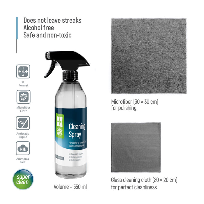 ColorWay Large Electronics Kit Includes 550ml Cleaning Liquid, 1 x Microfiber Cloth & 1 x Glass Cloth-Cleaning Products-Gigante Computers