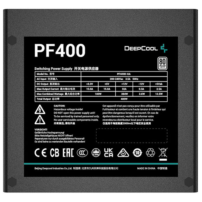 DeepCool PF400 80 PLUS Standard Power Supply 400W, Silent Hydraulic Bearing Fan, Reliable Protection, Flat Black Cables, 85% Efficiency - Open Boxed-Power Supplies-Gigante Computers