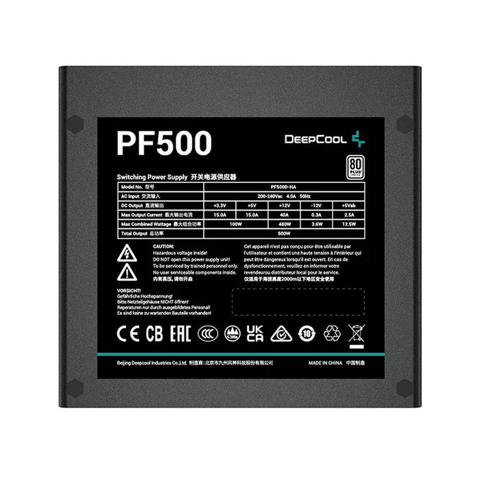 DeepCool PF500 500W Power Supply Unit, 120mm Silent Hydraulic Bearing Fan, 80 PLUS White, Non Modular, UK Plug, Flat Black Cables, Efficient & Affordable-Power Supplies-Gigante Computers