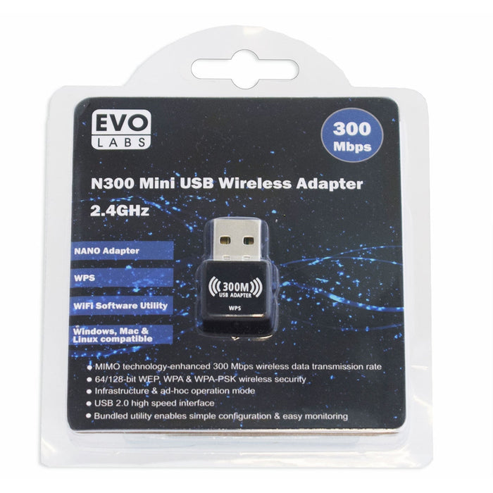 Evo Labs N300 Wireless N Mini USB Wi-Fi Network Adapter-Wireless Adapters-Gigante Computers