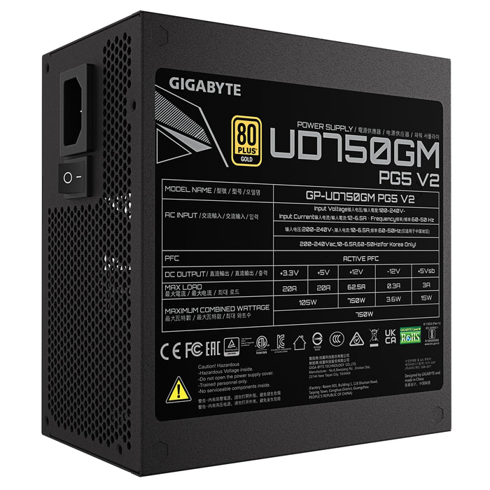 GIGABYTE GP-UD750GM 750W V2, 80 Plus Gold Certified Fully Modular Power Supply, PCIe Gen 5.1, 80 PLUS Gold, Fully Modular Design, 120mm Fan, ATX 3.1 compatible, UK Plug-Power Supplies-Gigante Computers