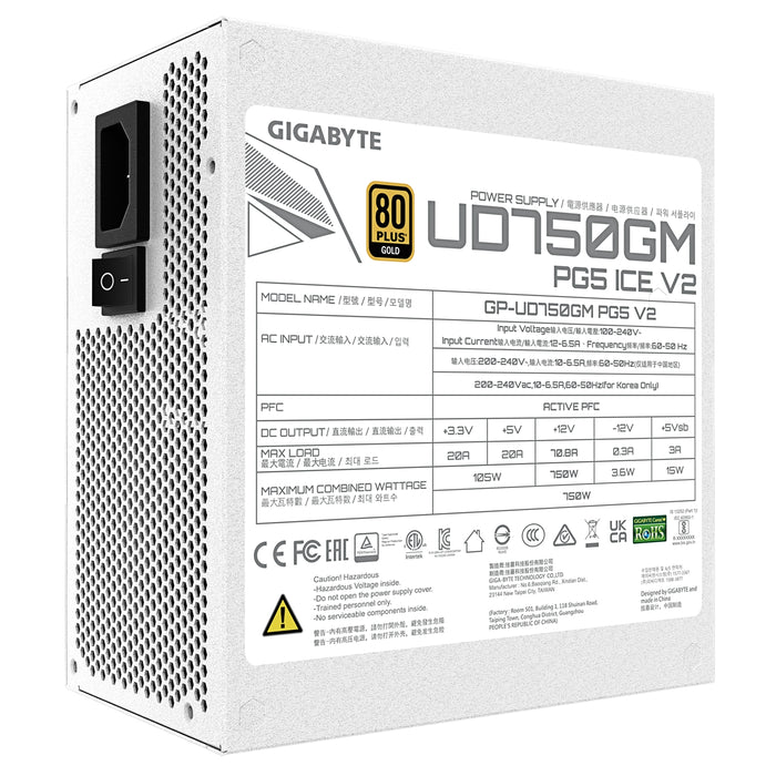 GIGABYTE GP-UD750GM 850W V2 ICE, 80 Plus Gold Certified Fully Modular Power Supply, PCIe Gen 5.1, 80 PLUS Gold, Fully Modular Design, 120mm Fan, ATX 3.1 compatible, UK Plug-Power Supplies-Gigante Computers