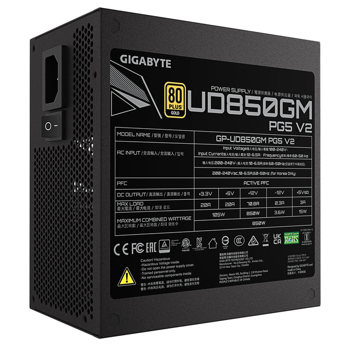 GIGABYTE GP-UD850GM 850W V2, 80 Plus Gold Certified Fully Modular Power Supply, PCIe Gen 5.1, 80 PLUS Gold, Fully Modular Design, 120mm Fan, ATX 3.1 compatible, UK Plug-Power Supplies-Gigante Computers