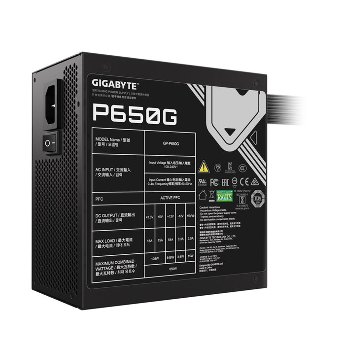 GIGABYTE P650G 650W PSU, 120mm Silent Hydraulic Bearing Fan, 80 PLUS Gold, Non Modular, UK Plug, 100% Japanese Capacitors, Single +12V Rail-Power Supplies-Gigante Computers