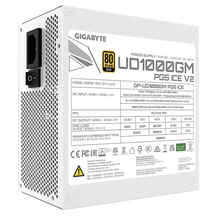 GIGABYTE UD1000GM PG5 1000W PSU V2, ICE, PCIe Gen 5.1, 80 PLUS Gold, Fully Modular Design, 120mm Fan, ATX 3.1 compatible, UK Plug-Power Supplies-Gigante Computers