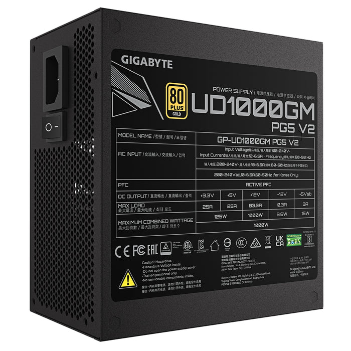 GIGABYTE UD1000GM PG5 1000W PSU V2, PCIe Gen 5.1, 80 PLUS Gold, Fully Modular Design, 120mm Fan, ATX 3.1 compatible, UK Plug-Power Supplies-Gigante Computers