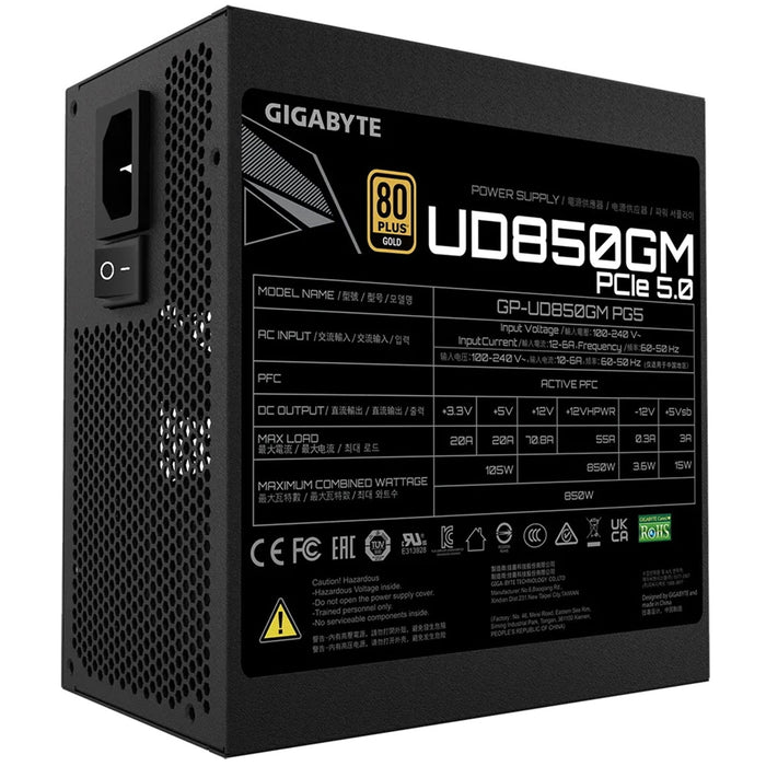 GIGABYTE UD850GM PG5 850W PSU, 120mm Smart Hydraulic Bearing Fan, 80 PLUS Gold, Fully Modular, UK Plug, High-Quality Japanese Capacitors, Support for PCIe Gen 5.0 Graphics Cards with High Quality Native 16-pin Cable-Power Supplies-Gigante Computers