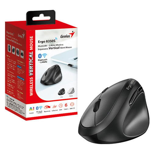 Genius Ergo 8350S Wireless Ergonomic Vertical Mouse, Blutooth & 2.4 GHz, Adjustable DPI levels up to 2400 DPI, 5 Button with Scroll Wheel, Dark Grey-Mice-Gigante Computers