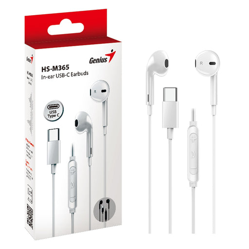 Genius HS-M365W USB-C In-Ear Earbuds with In Line Microphone and Volume Controls (White)-Speakers-Gigante Computers