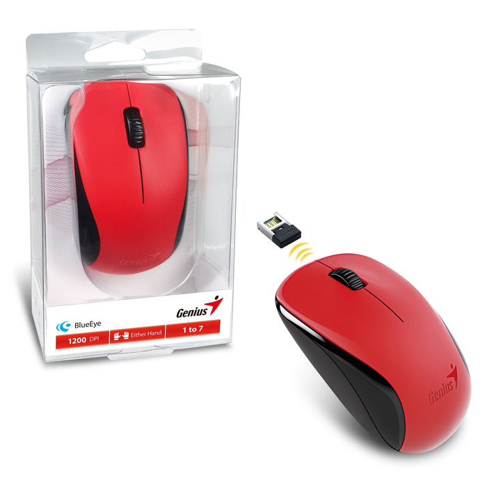 Genius NX-7000 Wireless Mouse, 2.4 GHz with USB Pico Receiver, Adjustable DPI levels up to 1200 DPI, 3 Button with Scroll Wheel, Ambidextrous Design, Red-Mice-Gigante Computers