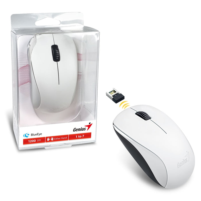 Genius NX-7000 Wireless Mouse, 2.4 GHz with USB Pico Receiver, Adjustable DPI levels up to 1200 DPI, 3 Button with Scroll Wheel, Ambidextrous Design, White-Mice-Gigante Computers