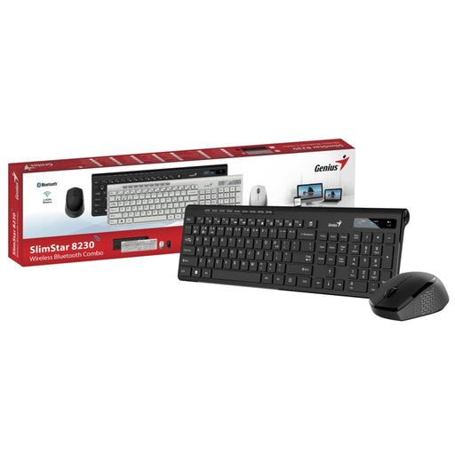 Genius SlimStar 8230 Blutooth 5.3 and 2.4GHz Wireless Keyboard and Mouse Set, 12 Multimedia Function Keys, Full Size UK Layout, Optical Sensor Mouse, 1200dpi, Connect up to 3 devices simultaneously-Keyboard-Gigante Computers