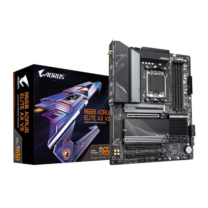 Gigabyte B650 AORUS ELITE AX V2 AMD AM5 Socket Motherboard, ATX, 4x DDR5 Slots, 3x M.2 Sockets, 1x USB-C Port, Fitted I/O Shield, Wi-Fi 6E, 1x Display Port 1.4 / 1x HDMI Ports-Motherboards-Gigante Computers