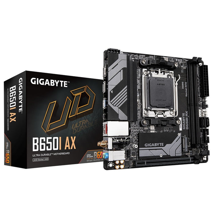 Gigabyte B650I AX DDR5 Motherboard, AMD Ryzen 7000 AM5, Mini ITX, 1 x PCI Express x16 slot, supporting PCIe 4.0 and running at x16, Realtek 2.5GbE LAN, HDMI/DisplayPort-Motherboards-Gigante Computers