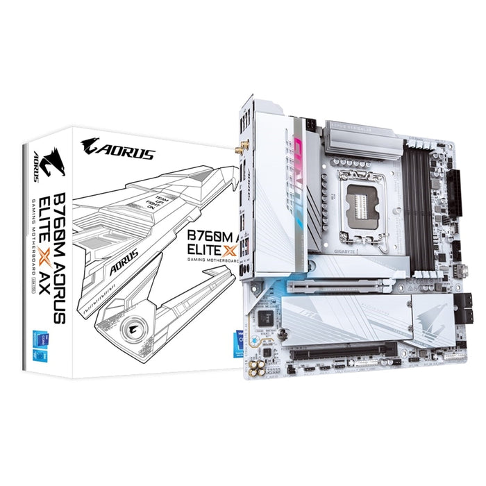 Gigabyte B760M AORUS ELITE X AX Intel 1700 Socket Motherboard, Micro-ATX, 4x DDR5 Slots, 2x M.2 Sockets, 1x USB-C Port, Fitted I/O Shield, Wi-Fi 6E, 1x Display Ports 1.2 / 2x HDMI Port-Motherboards-Gigante Computers