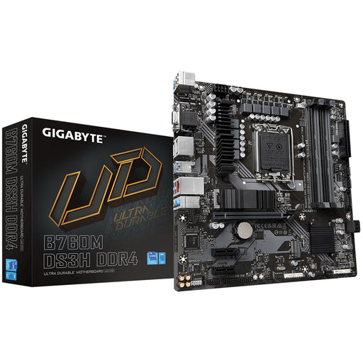 Gigabyte B760M DS3H DDR4 Motherboard, Intel Socket 1700, 12th/13th Gen, 1x PCIe 4.0 x16, 2 x PCIe 4.0 M.2, Micro ATX, USB Type-C, 2.5GbE LAN, HDMI, DisplayPort, Smart Fan 6, Q-Flash Plus-Motherboards-Gigante Computers