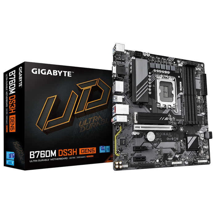 Gigabyte B760M DS3H GEN5 Intel Socket 1700 Motherboard, Micro ATX, 4x DDR5 Slots, 2x M.2 Sockets, 1x USB-C Port, 2.5GbE LAN, 1x D-Sub / 1x DisplayPort / 1x HDMI Port-Motherboards-Gigante Computers