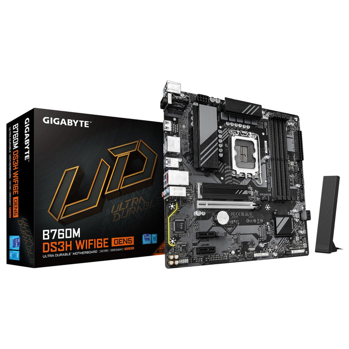 Gigabyte B760M DS3H WIFI6E GEN5 Intel 1700 Socket Motherboard, Micro-ATX, 4x DDR5 Slots, 2x M.2 Socket, 2.5GbE LAN, Wi-Fi 6E, 1x HDMI Port / 2x DisplayPort-Motherboards-Gigante Computers