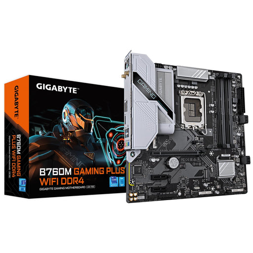 Gigabyte B760M GAMING PLUS WIFI DDR4 Intel 1700 Socket Motherboard, Micro-ATX, 4x DDR4 Slots, 2x M.2 Sockets, 1x USB-C Port, Fitted I/O Shield, GbE LAN, Wi-Fi 6, 1x DisplayPort / 1x HDMI Port-Motherboards-Gigante Computers