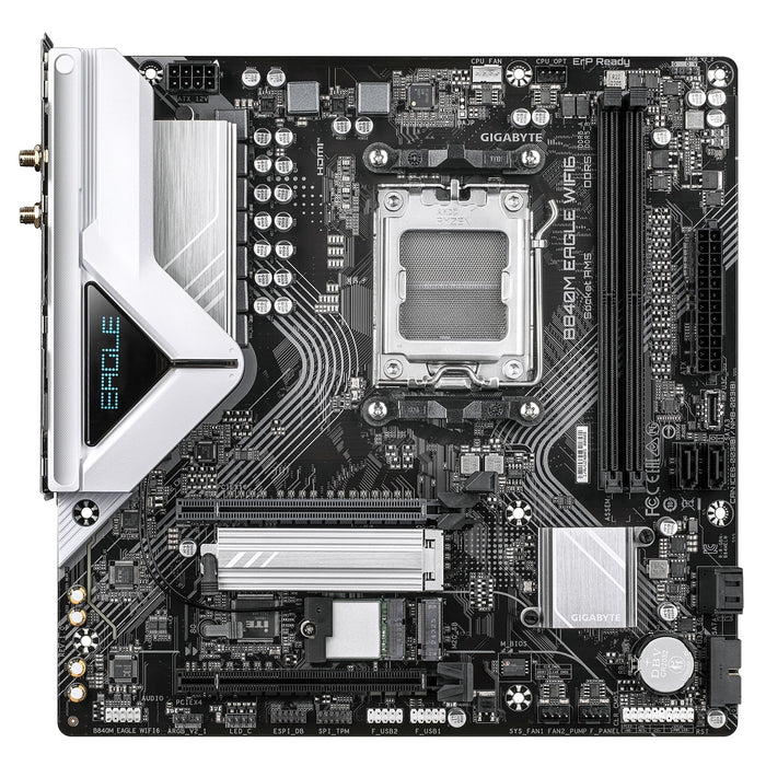 Gigabyte B840M EAGLE WIFI6 AMD AM5 Socket Motherboard, Micro-ATX, 2x DDR5 Slots, 2x M.2 Socket, Fitted I/O Shield, 2.5GbE LAN, Wi-Fi 6, 1x DisplayPort / 1x HDMI Port-Motherboards-Gigante Computers