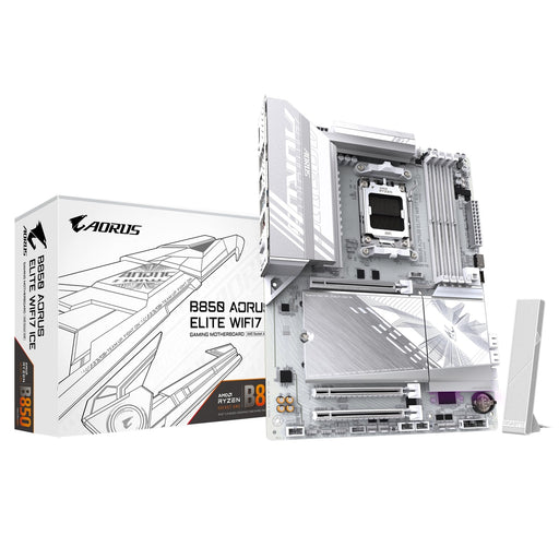 Gigabyte B850 AORUS ELITE WIFI7 ICE AMD AM5 Socket Motherboard, ATX, 4x DDR5 Slots, 3x M.2 Sockets, 2x USB-C Port, Fitted I/O Shield, 2.5GbE LAN, Wi-Fi 7, 1x DisplayPort / 1x HDMI Port-Motherboards-Gigante Computers