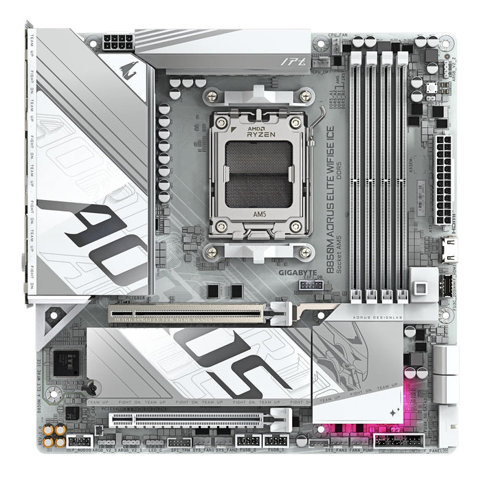 Gigabyte B850M AORUS ELITE WIFI6E ICE AMD AM5 Socket Motherboard, Micro-ATX, 4x DDR5 Slots, 2x M.2 Sockets, 2x USB-C Port, Fitted I/O Shield, 2.5GbE LAN, Wi-Fi 6E, 1x DisplayPort / 1x HDMI Port-Motherboards-Gigante Computers