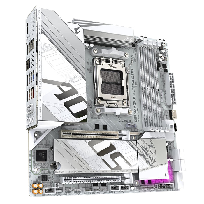 Gigabyte B850M AORUS ELITE WIFI6E ICE AMD AM5 Socket Motherboard, Micro-ATX, 4x DDR5 Slots, 2x M.2 Sockets, 2x USB-C Port, Fitted I/O Shield, 2.5GbE LAN, Wi-Fi 6E, 1x DisplayPort / 1x HDMI Port-Motherboards-Gigante Computers