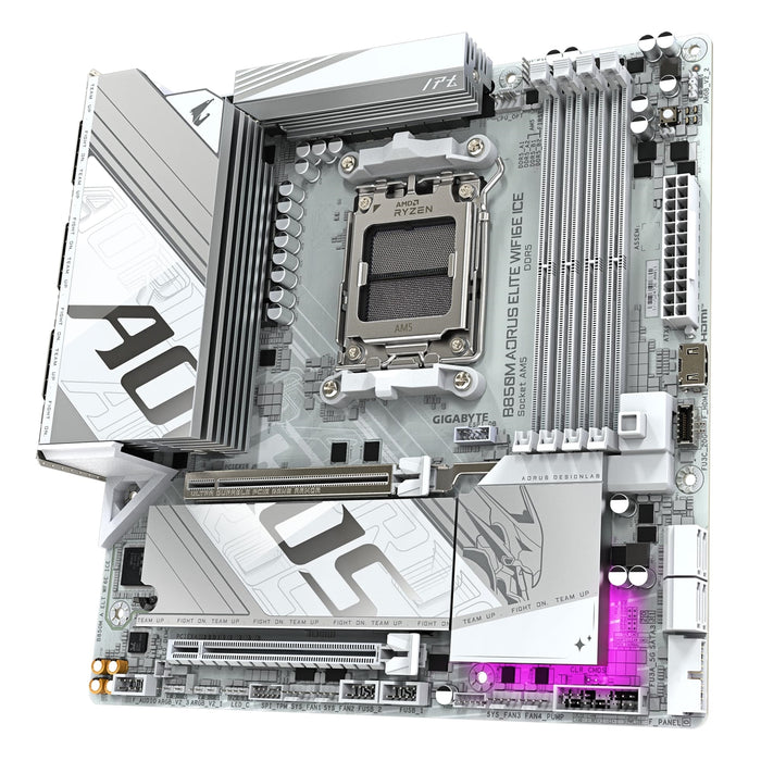 Gigabyte B850M AORUS ELITE WIFI6E ICE AMD AM5 Socket Motherboard, Micro-ATX, 4x DDR5 Slots, 2x M.2 Sockets, 2x USB-C Port, Fitted I/O Shield, 2.5GbE LAN, Wi-Fi 6E, 1x DisplayPort / 1x HDMI Port-Motherboards-Gigante Computers