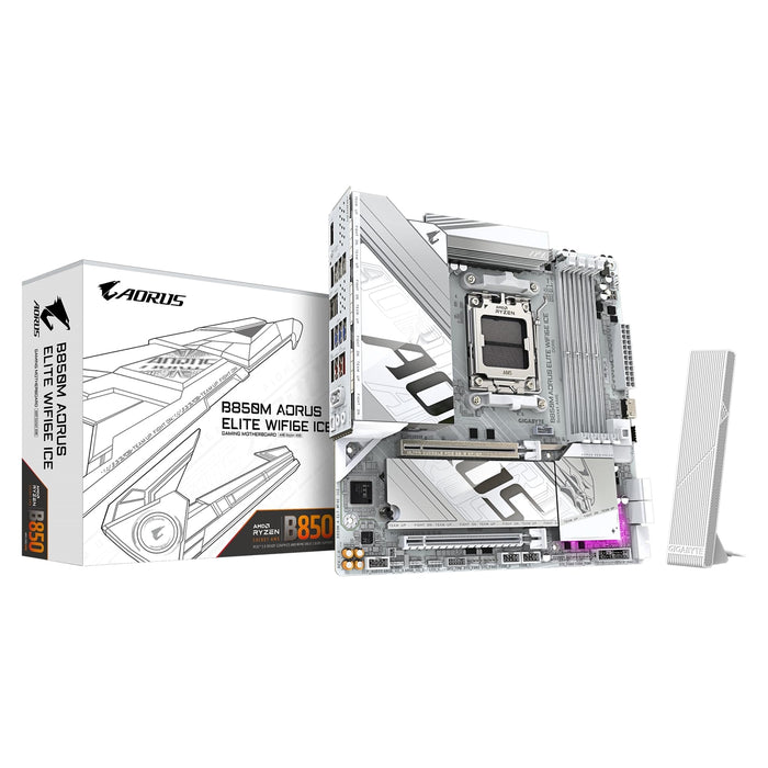Gigabyte B850M AORUS ELITE WIFI6E ICE AMD AM5 Socket Motherboard, Micro-ATX, 4x DDR5 Slots, 2x M.2 Sockets, 2x USB-C Port, Fitted I/O Shield, 2.5GbE LAN, Wi-Fi 6E, 1x DisplayPort / 1x HDMI Port-Motherboards-Gigante Computers
