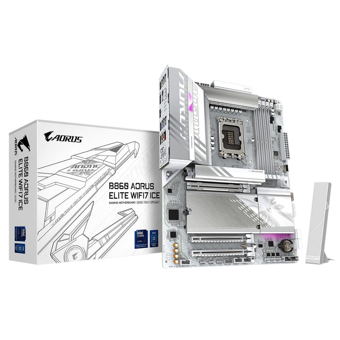 Gigabyte B860 AORUS ELITE WIFI7 ICE Intel 1851 Socket Motherboard, ATX, 4x DDR5 Slots, 3x M.2 Sockets, 2x USB-C Port, Fitted I/O Shield, 2.5GbE LAN, Wi-Fi 7, 1x DisplayPort / 2x HDMI / 1x USB-C (USB4)-Motherboards-Gigante Computers