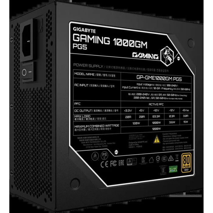 Gigabyte GAMING 1000GM PG5 1000W Fully Modular Power Supply, 80 PLUS Gold, ATX 3.1, PCIe 5.1, 12V-2x6 Connector, 135mm Smart Fan, Black-Power Supplies-Gigante Computers