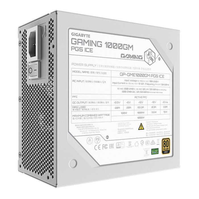 Gigabyte GAMING 1000GM PG5 ICE 1000W Fully Modular Power Supply, 80 PLUS Gold, ATX 3.1, PCIe 5.1, 12V-2x6 Connector, 135mm Smart Fan, T-Guard GPU Protection, White-Power Supplies-Gigante Computers