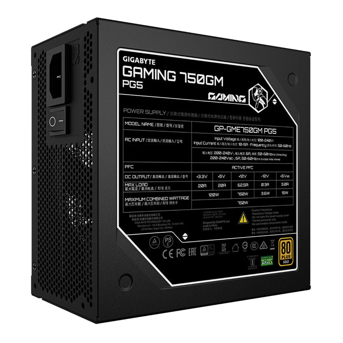 Gigabyte GAMING 750GM PG5 750W Fully Modular Power Supply, 80 PLUS Gold, ATX 3.1, PCIe 5.1, 12V-2x6 Connector, 135mm Smart Fan, T-Guard GPU Protection, Black-Power Supplies-Gigante Computers
