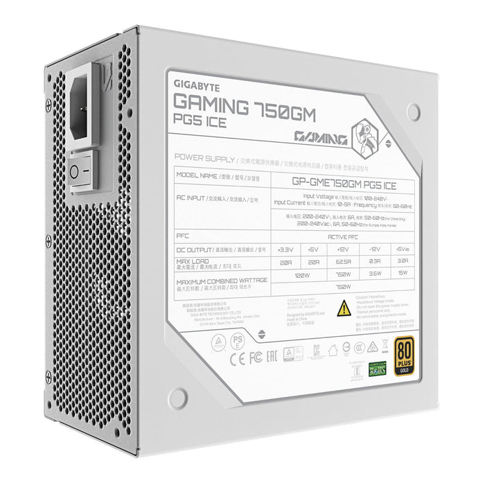 Gigabyte GAMING 750GM PG5 ICE 750W Fully Modular Power Supply, 80 PLUS Gold, ATX 3.1, PCIe 5.1, 12V-2x6 Connector, 135mm Smart Fan, T-Guard GPU Protection, White-Power Supplies-Gigante Computers