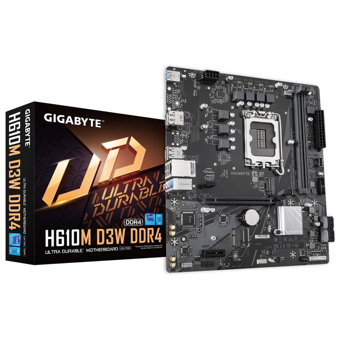 Gigabyte H610M D3W DDR4 Intel 1700 Socket Motherboard, Micro-ATX, 2x DDR4 Slots, 1x M.2 Socket, GbE LAN, 1x DisplayPort / 1x HDMI Port-Motherboards-Gigante Computers
