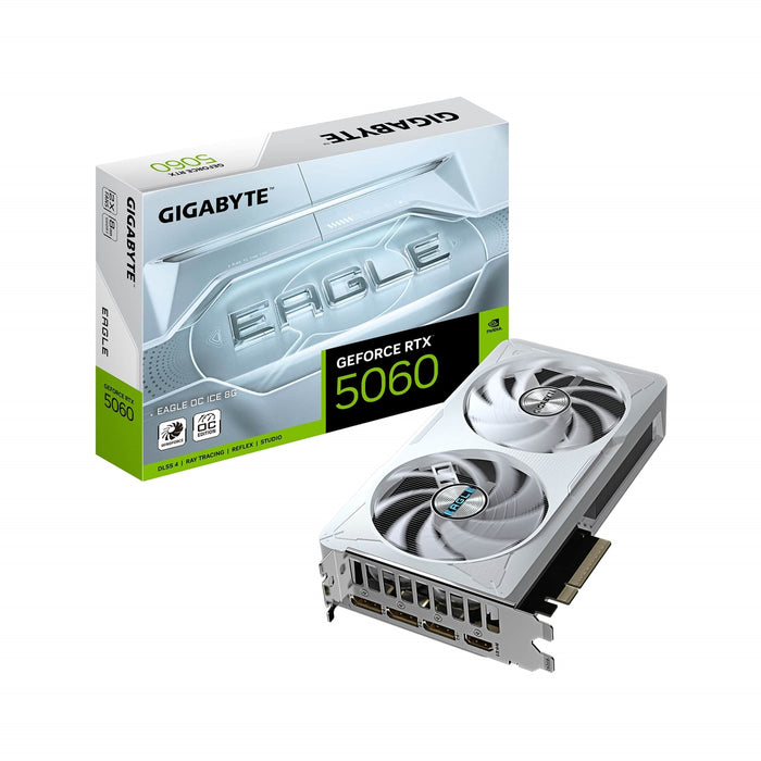 Gigabyte NVIDIA GeForce RTX 5060 EAGLE OC ICE 8GB GDDR7 Graphics Card, 3840 CUDA Cores, 2550 MHz Core Clock, Dual Fan, White, 3x DisplayPorts / 1x HDMI Port-Graphics Cards-Gigante Computers