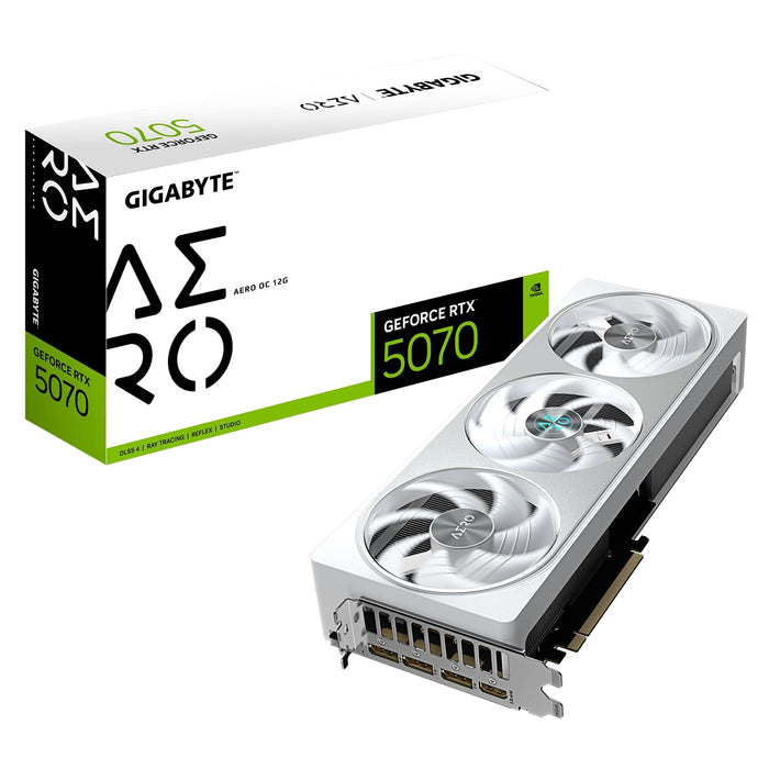 Gigabyte NVIDIA GeForce RTX 5070 AERO OC 12G Graphics Card, 12GB GDDR7, 6144 CUDA Cores, 2625 MHz Core Clock, Triple Fan, White, RGB, 3x DisplayPorts / 1x HDMI Port-Graphics Cards-Gigante Computers