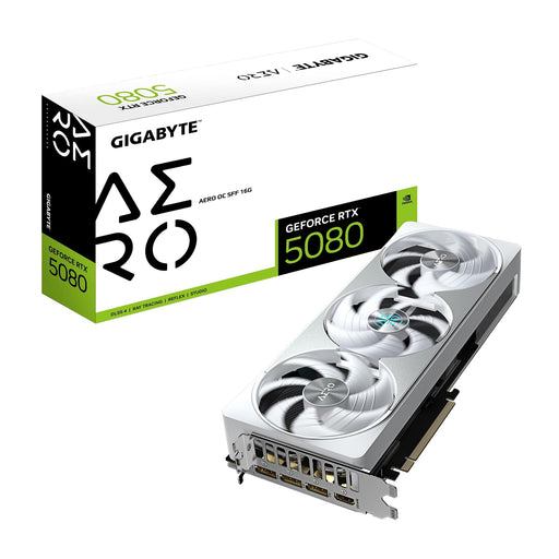 Gigabyte NVIDIA GeForce RTX 5080 AERO OC SFF 16G Graphics Card, 16GB GDDR7, 10752 CUDA Cores, 2730 MHz Core Clock, Triple Fan, White, RGB, 3x DisplayPorts / 1x HDMI Port-Graphics Cards-Gigante Computers